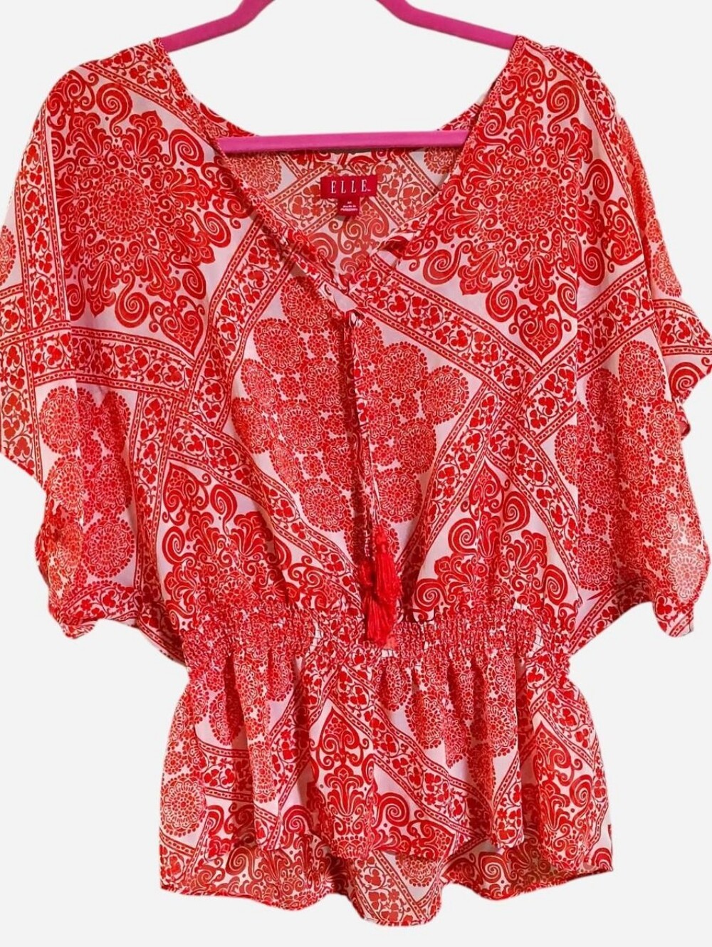 Elle Flowy Red and white paisley print blouse or beach cover up